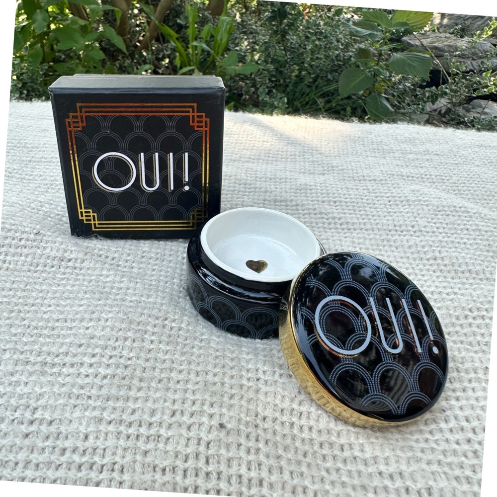 Rosanna Trinket Box Jazz Age Oui Black Gold Art Deco Porcelain Ring Dish 2.25"